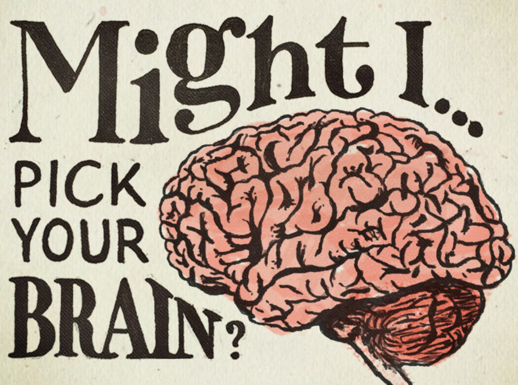 Pick your Brains. Pick someone's Brains. Pick Somebody s Brains. To pick someone’s Brain.